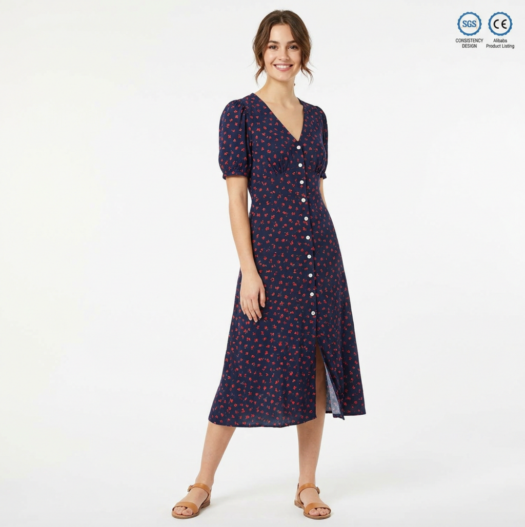 French Vintage Floral Midi Dress – Elegant Feminine Tea Dress