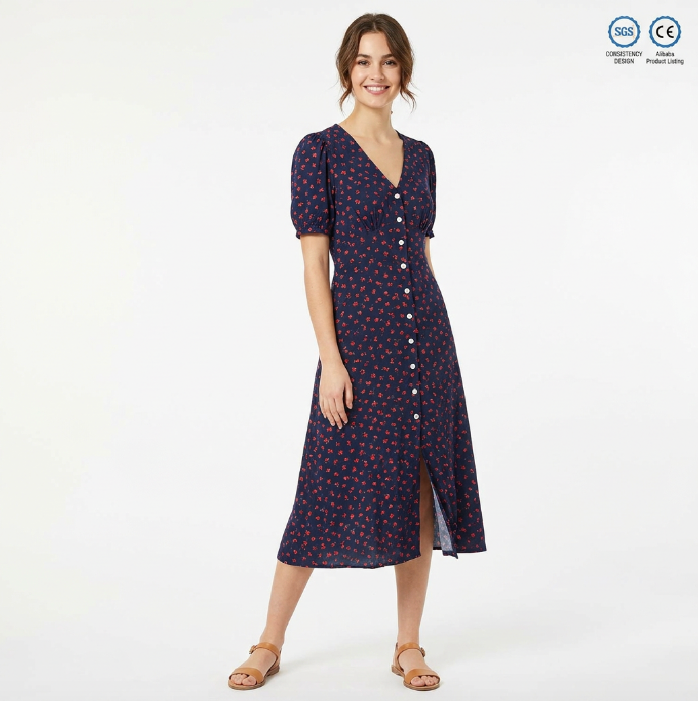 French Vintage Floral Midi Dress – Elegant Feminine Tea Dress
