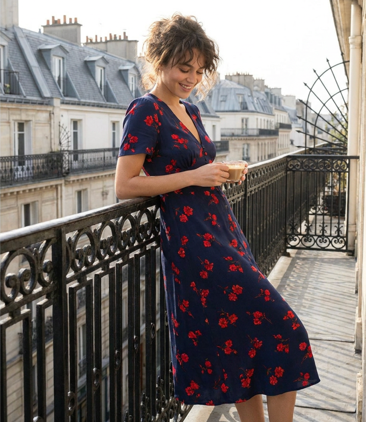 French Vintage Floral Midi Dress – Elegant Feminine Tea Dress