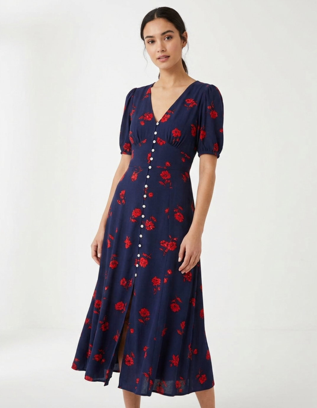 French Vintage Floral Midi Dress – Elegant Feminine Tea Dress